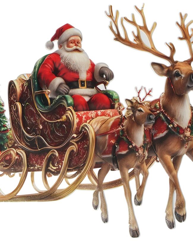 kerst wanddecoratie - "kerstman met rendierslede" - metaal - rood/wit - 41 x 39 cm
