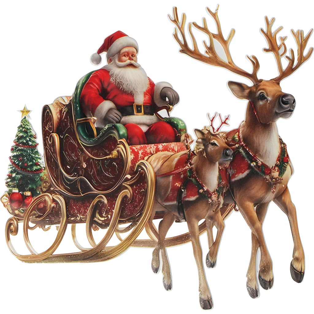 kerst wanddecoratie - "kerstman met rendierslede" - metaal - rood/wit - 41 x 39 cm