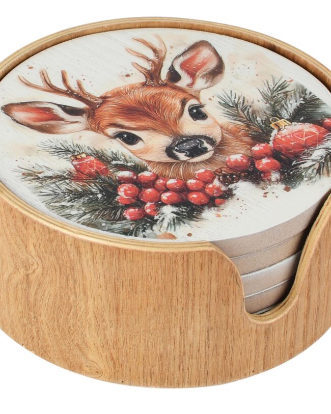 Coasters (Onderzetters) met Kerstmotief - set van 6 - hout - naturel/wit - 13 x 13 x 9 cm