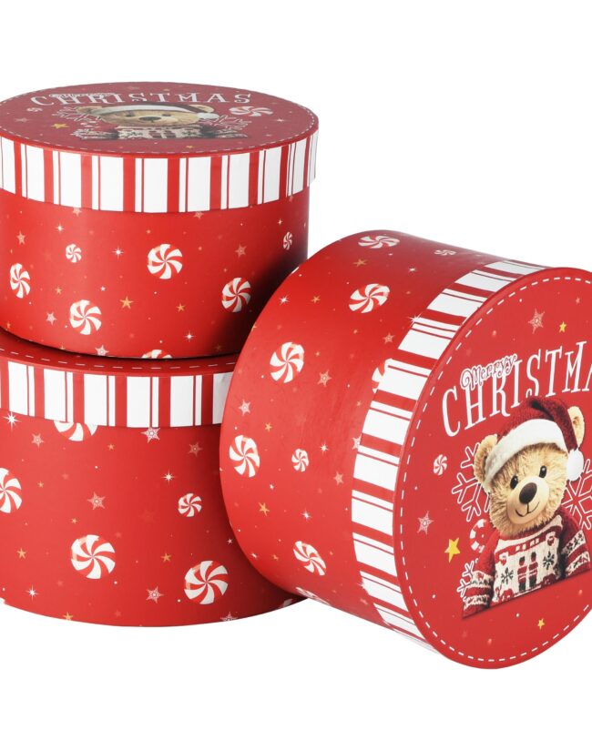 Kerstdoos rond - set van 3 - "jingle beer" - karton - rood - Ø 21 x 12 cm