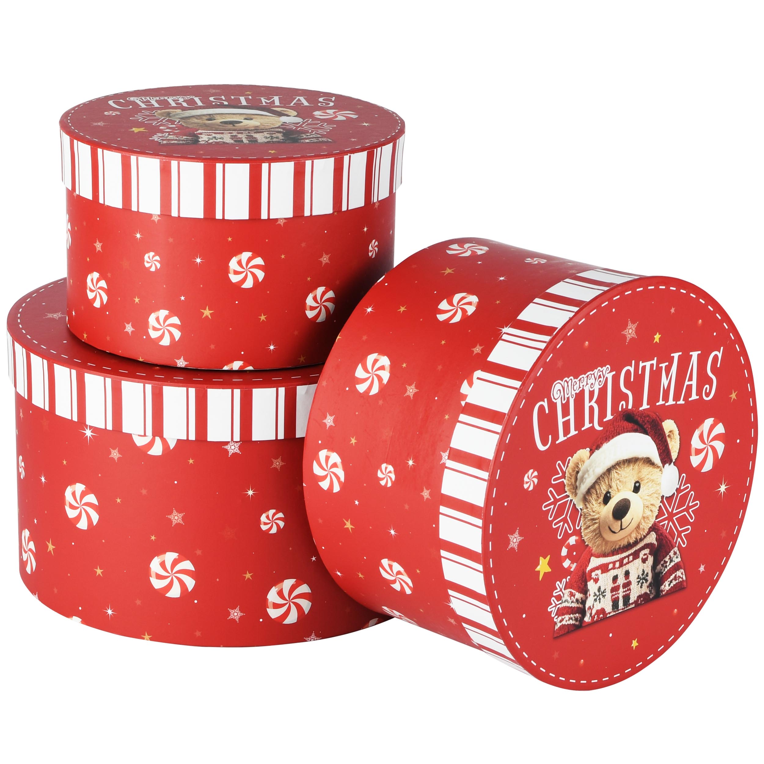 Kerstdoos rond - set van 3 - "jingle beer" - karton - rood - Ø 21 x 12 cm