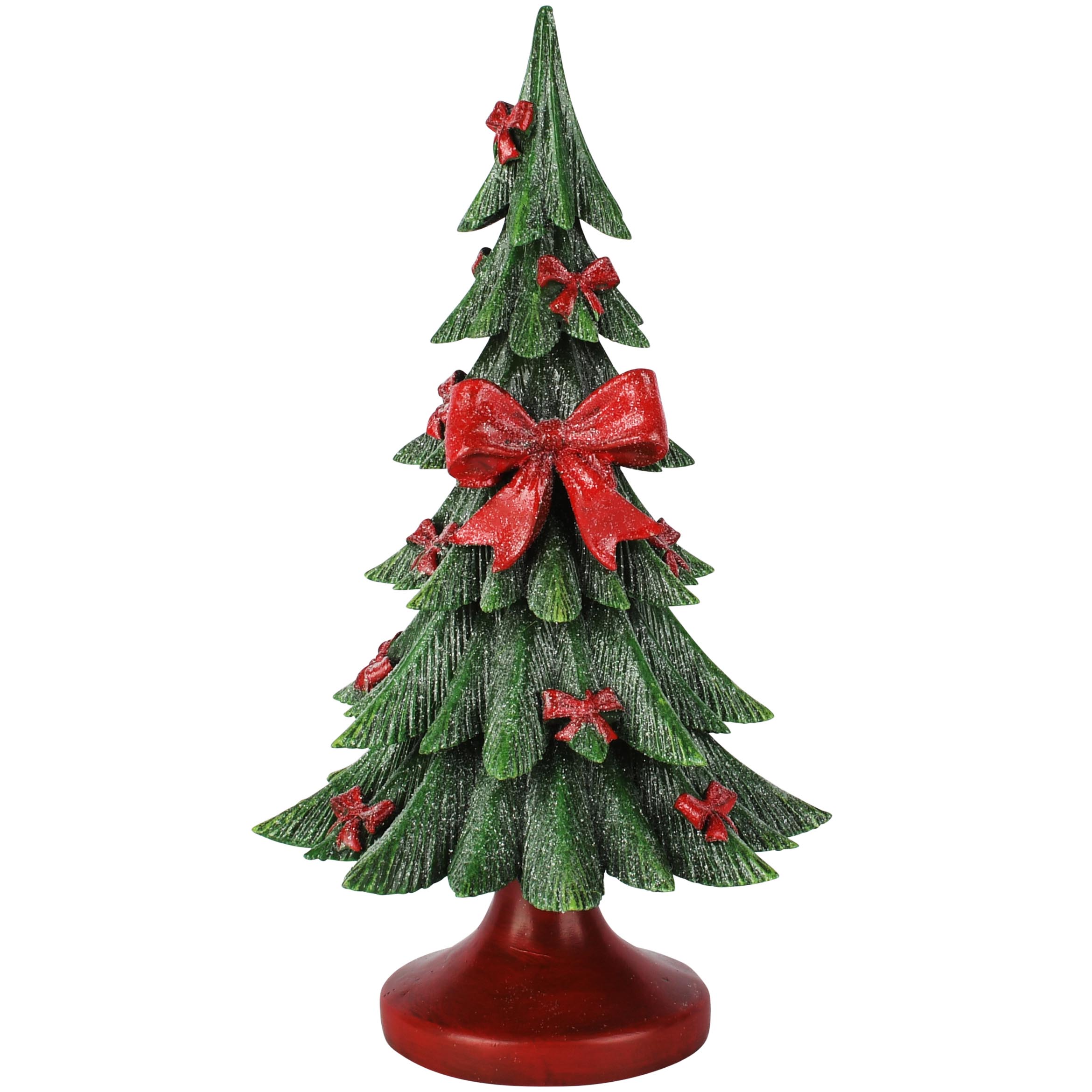 decoratieve kerstboom op voet met strikjes - kunsthars - groen/rood - Ø 13 x 25 cm - Afbeelding 3