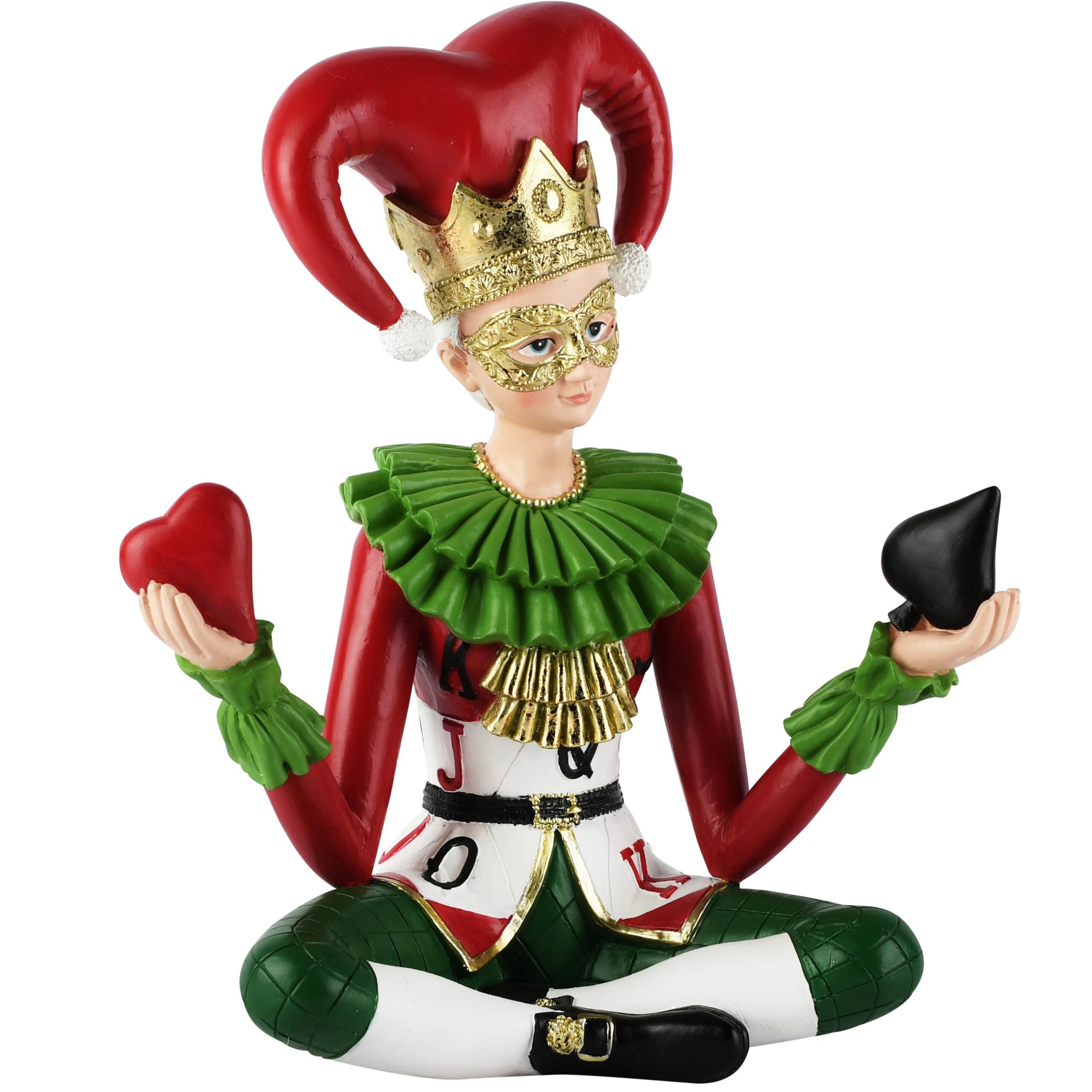 decoratief beeld - Harlekijn met hart - zittend - kunsthars - groen/rood - 27 x 15 x x 32 cm - Afbeelding 2