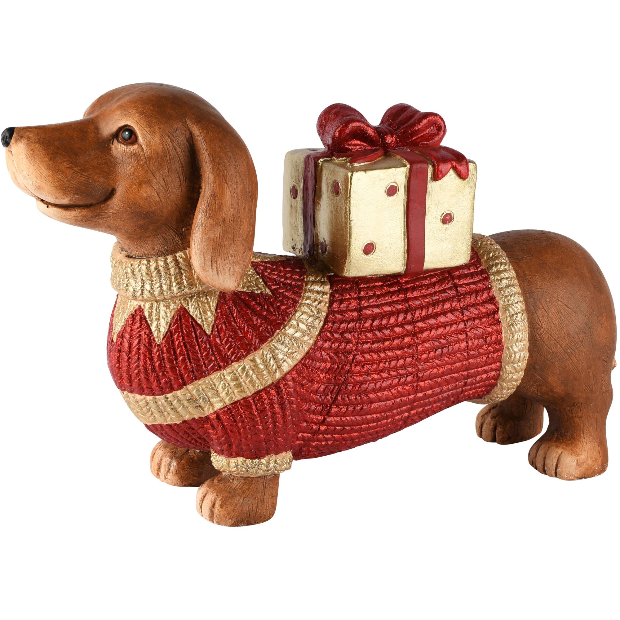 decoratief beeld - teckel met geschenk en sweater - kunsthars - goud/rood/bruin - 47 x 14 x 28 cm geen verzending, afhalen vanaf september - Afbeelding 2