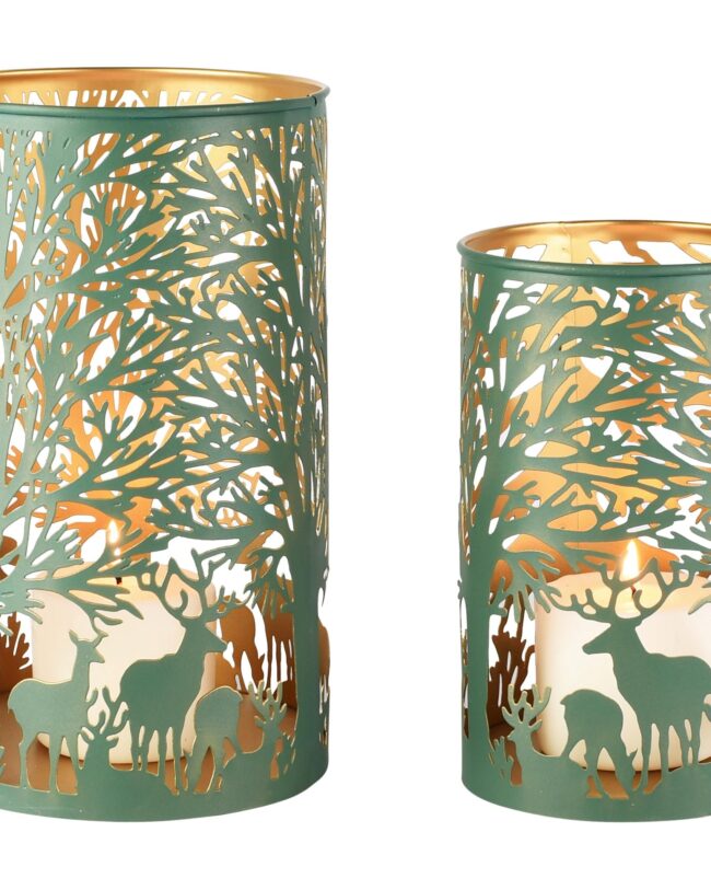 theelichthouder "deer forest" - set van 2 - metaal - groen/goud - Ø 15 x 25 cm