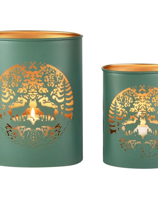theelichthouder "deer in love" - set van 2 - metaal - groen/goud - 16 x 12 x 20 cm