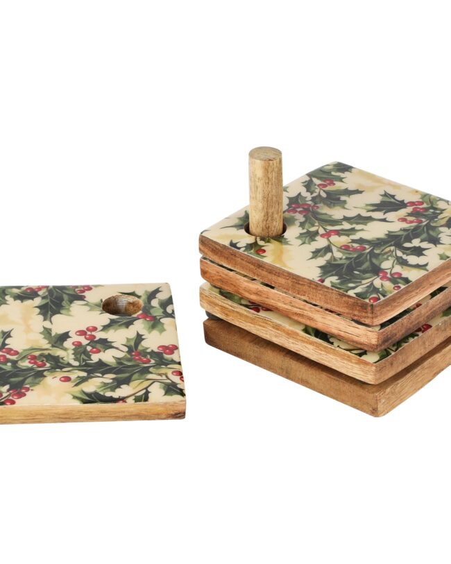 Coasters (Onderzetters) met Kerstmotief - set van 4 - hout - naturel/wit - 10 x 10 x 1 cm