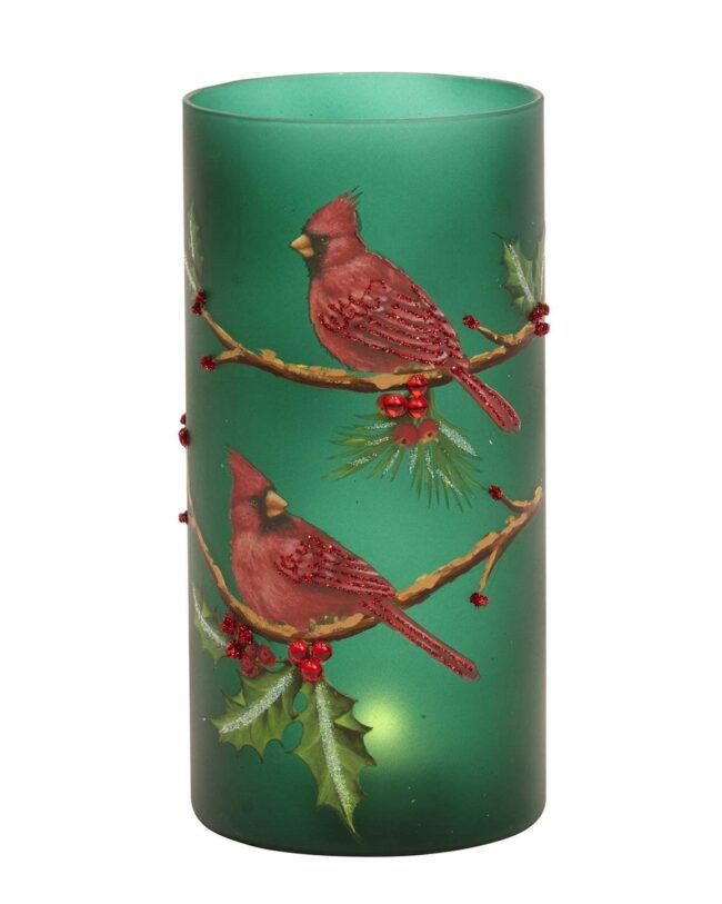 theelicht- kaarshouder met Kardinaalvogel - goodwill – glas - Groen/Rood – H 20 cm