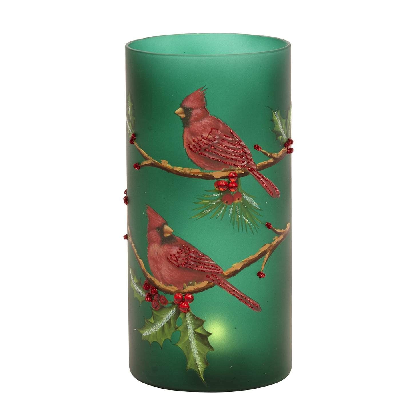theelicht- kaarshouder met Kardinaalvogel - goodwill – glas - Groen/Rood – H 20 cm