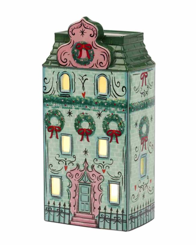 decoratief Poppenhuis met LED-verlichting – Goodwill – keramiek - Groen/Roze – H 29 cm