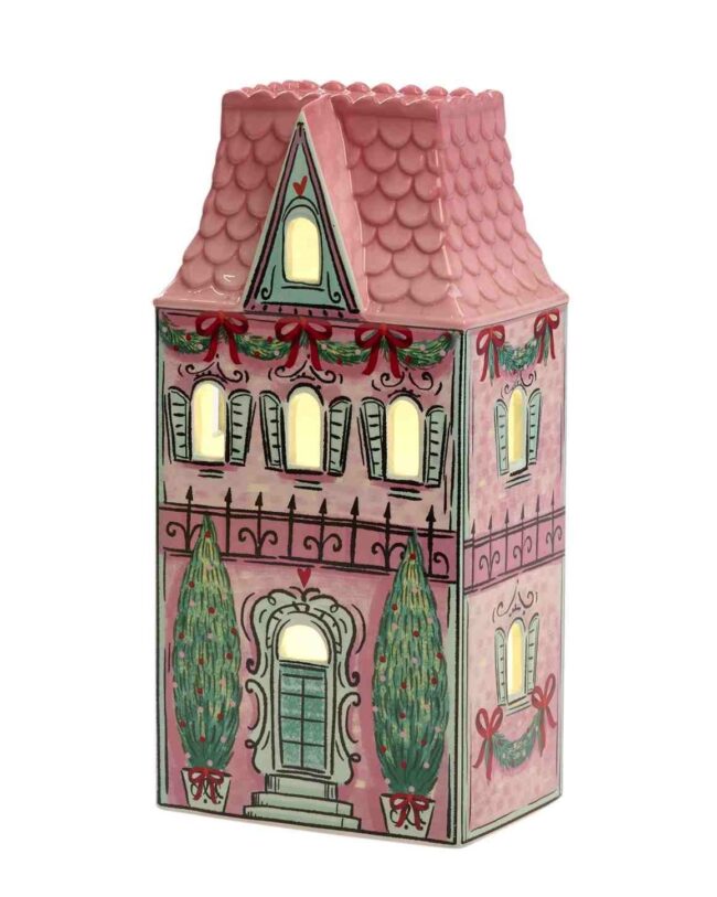 decoratief Poppenhuis met LED-verlichting – Goodwill – keramiek - roze/groen – H 28 cm