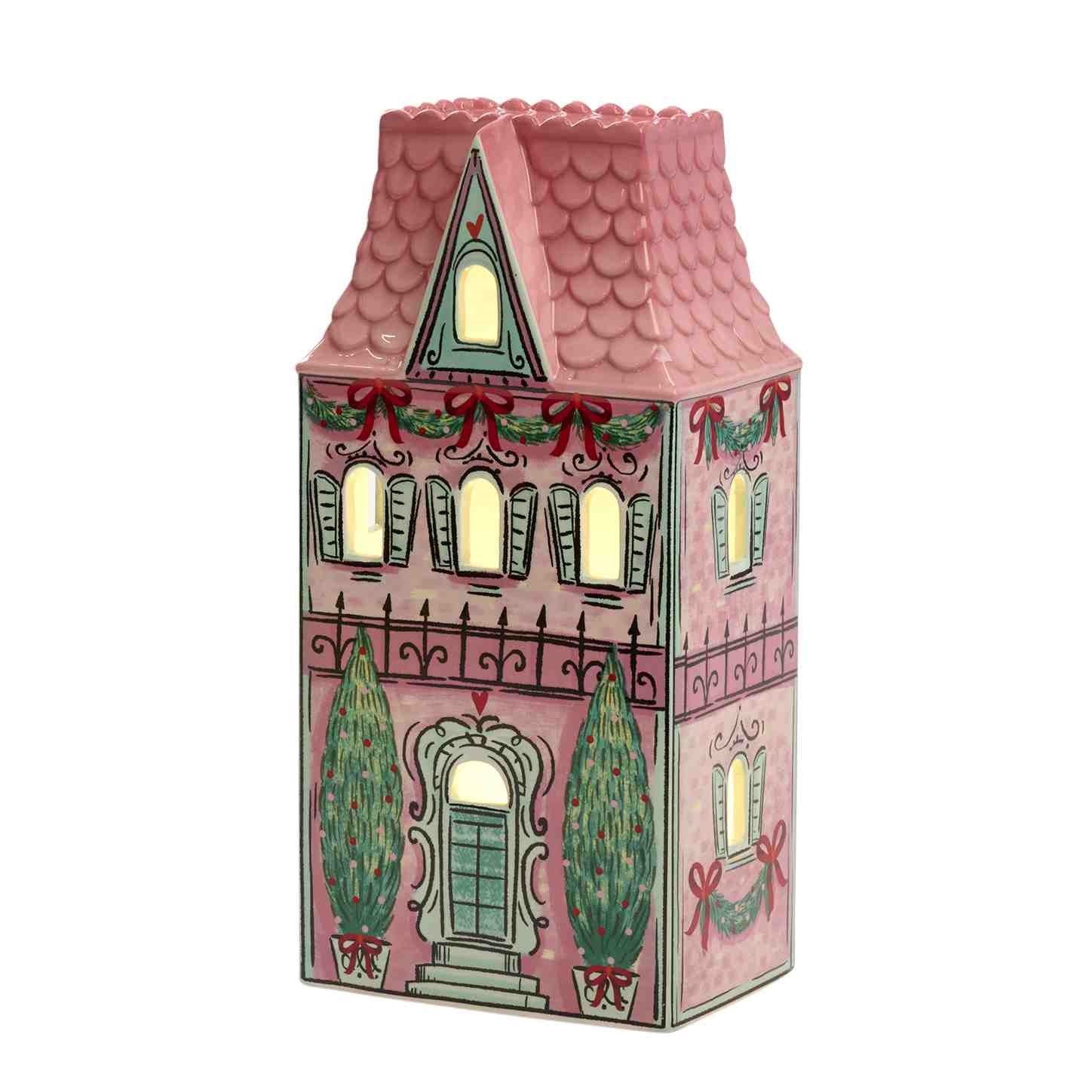 decoratief Poppenhuis met LED-verlichting – Goodwill – keramiek - roze/groen – H 28 cm