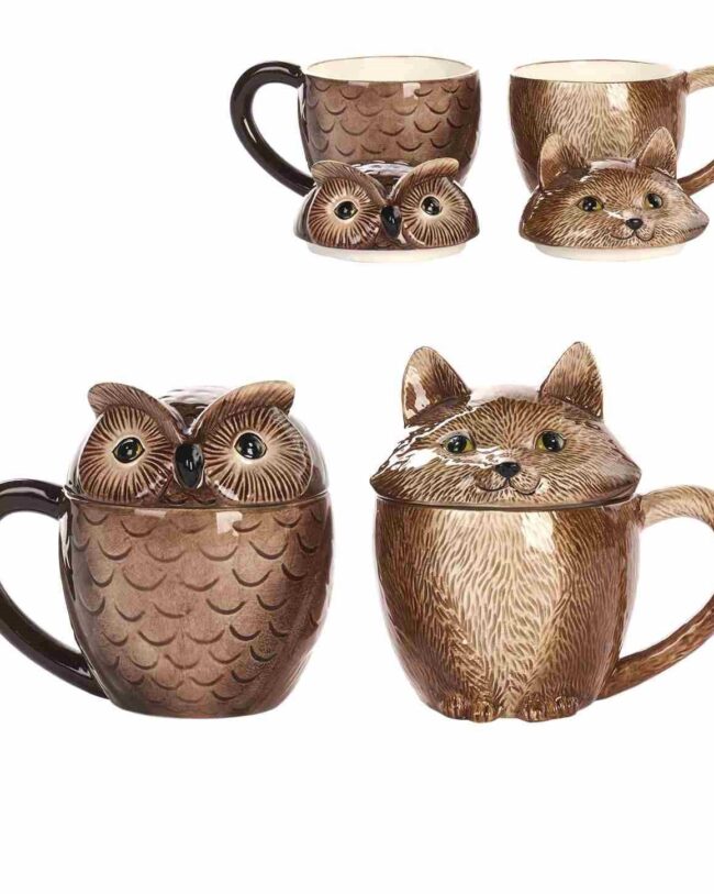 Mok met Deksel – Vos/Uil – Goodwill – Keramiek – Bruin – 14 cm