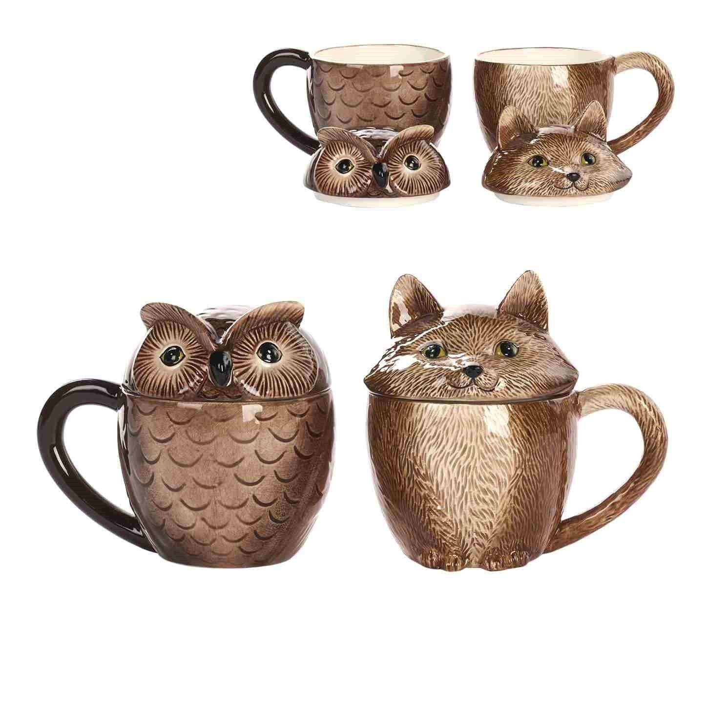 Mok met Deksel – Vos/Uil – Goodwill – Keramiek – Bruin – 14 cm