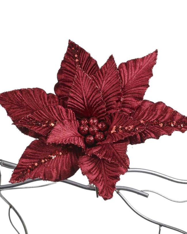 Kersthanger - Glitter Poinsettia op Clip – Goodwill – Bordeaux – 31 cm