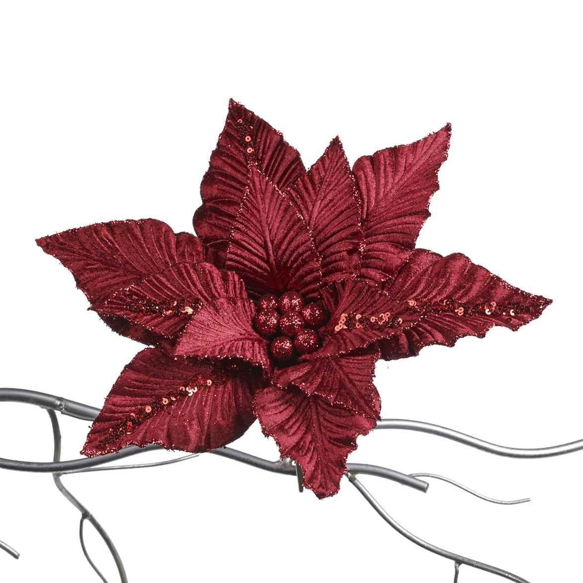 Kersthanger - Glitter Poinsettia op Clip – Goodwill – Bordeaux – 31 cm