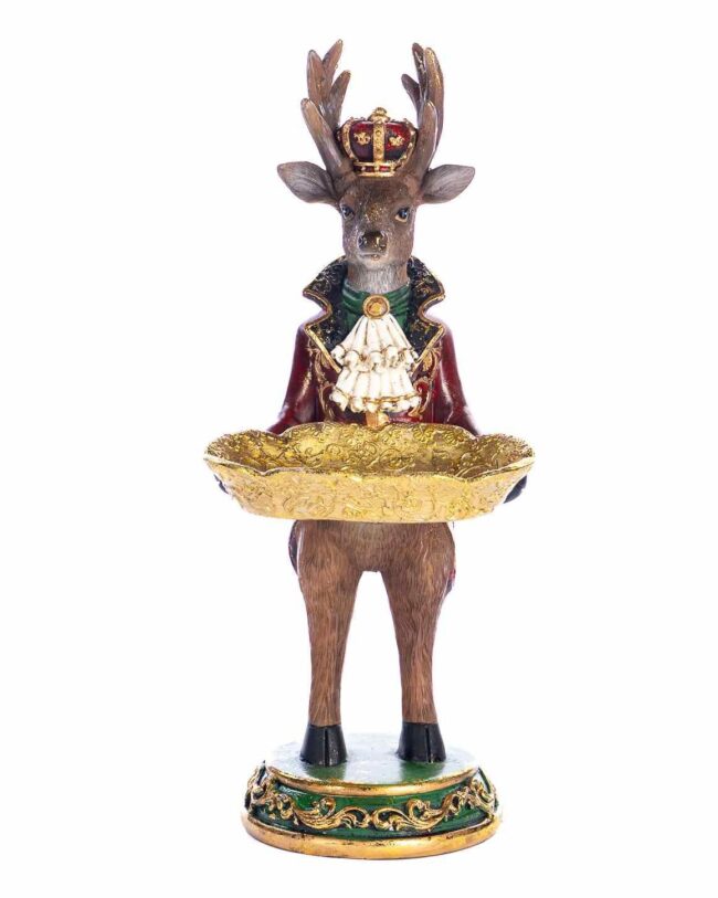 Kerstfiguur Koninklijk Butler Hert met Dienblad – Goodwill – Bruin/Bordeaux/Goud - 32 cm