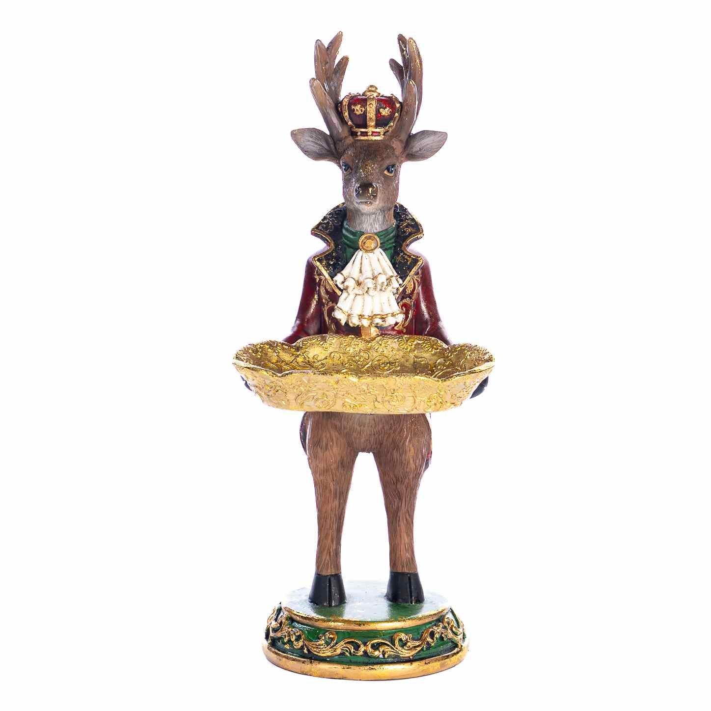 Kerstfiguur Koninklijk Butler Hert met Dienblad β Goodwill β Bruin/Bordeaux/Goud - 32 cm
