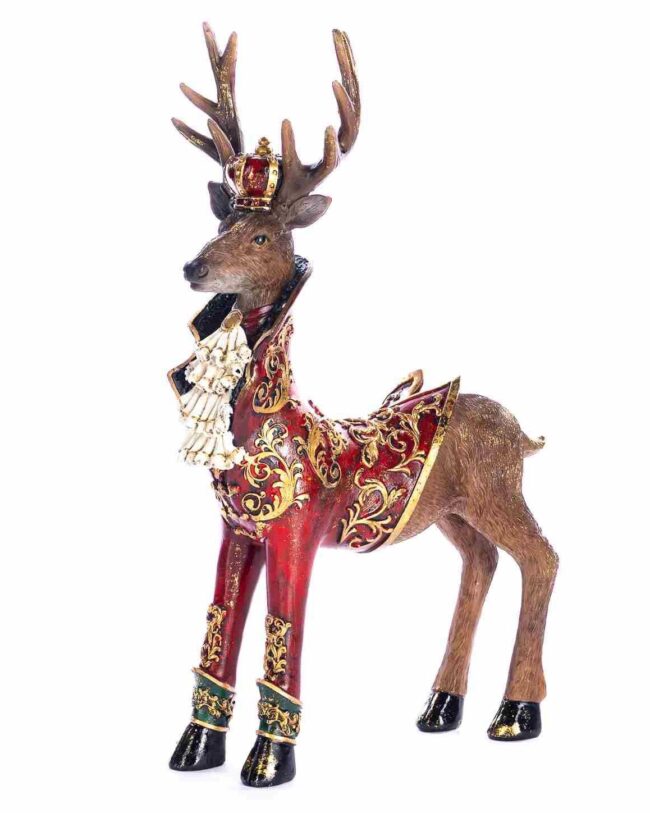Kerstfiguur koninklijk Hert – staand - Goodwill – Bruin/Bordeaux/Goud – 41 cm