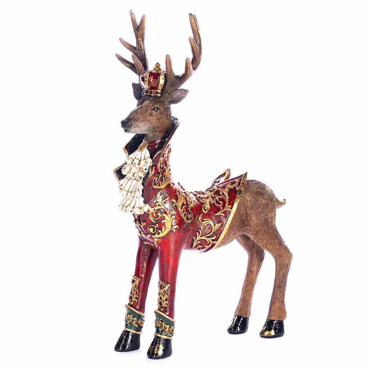 Kerstfiguur koninklijk Hert – staand - Goodwill – Bruin/Bordeaux/Goud – 41 cm