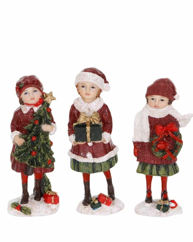 Kerstfiguur Victoriaans Kerstkind – Goodwill – Assortiment van 3/prijs per stuk – Bordeauxrood – 12 cm