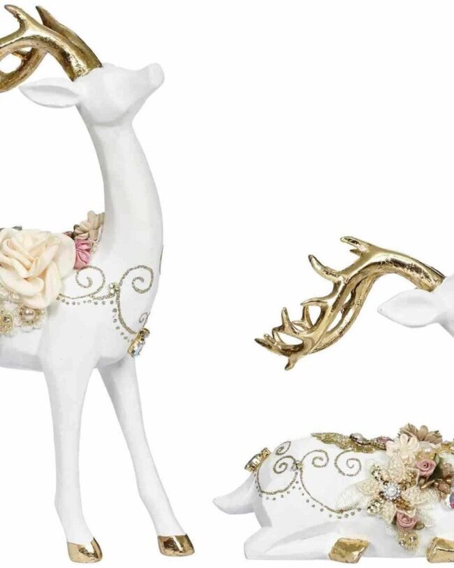 Rendier met Juwelen – Set van 2 (Staand & Liggend) – goodwill - Kunsthars – Goud/Wit – 33 cm geen verzending