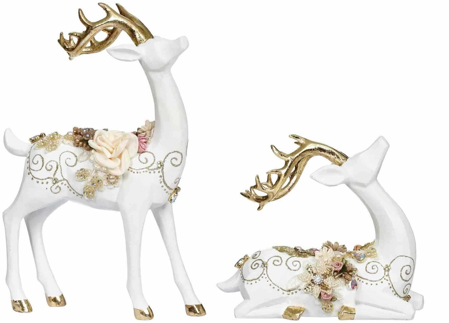 Rendier met Juwelen – Set van 2 (Staand & Liggend) – goodwill - Kunsthars – Goud/Wit – 33 cm geen verzending