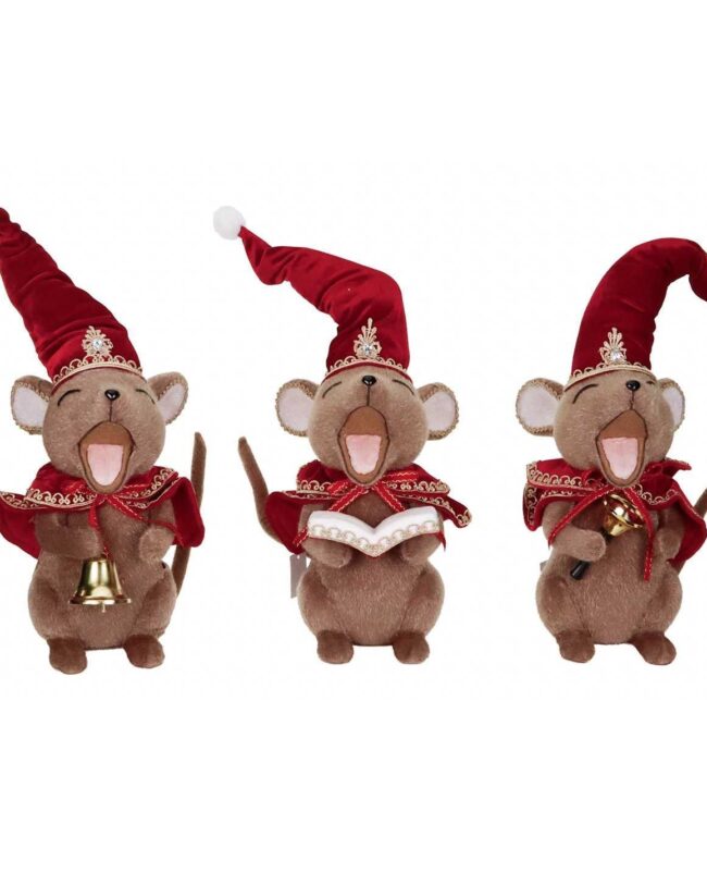 Kerstfiguur Zingende Kerstmuis – Goodwill – Bruin/Rood – Assortiment van 3/prijs per stuk – 33 cm