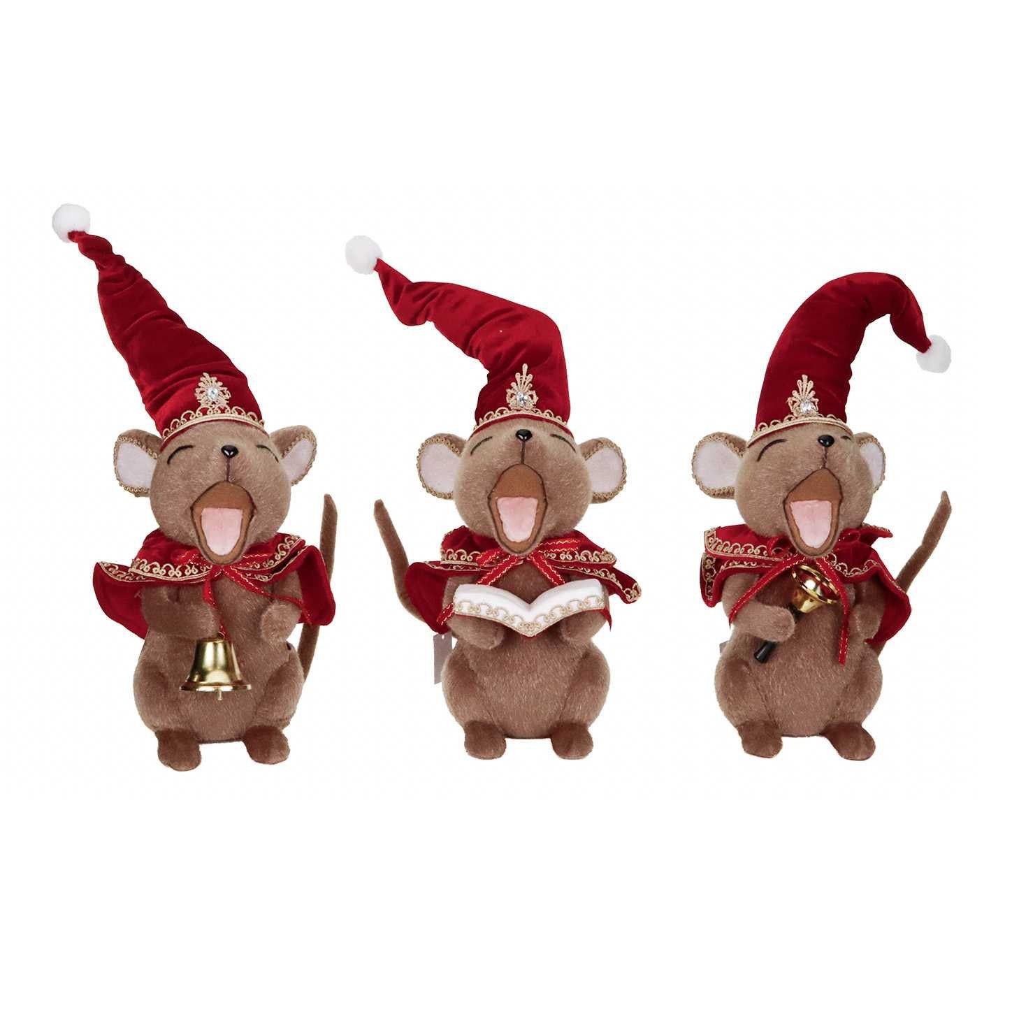 Kerstfiguur Zingende Kerstmuis – Goodwill – Bruin/Rood – Assortiment van 3/prijs per stuk – 33 cm