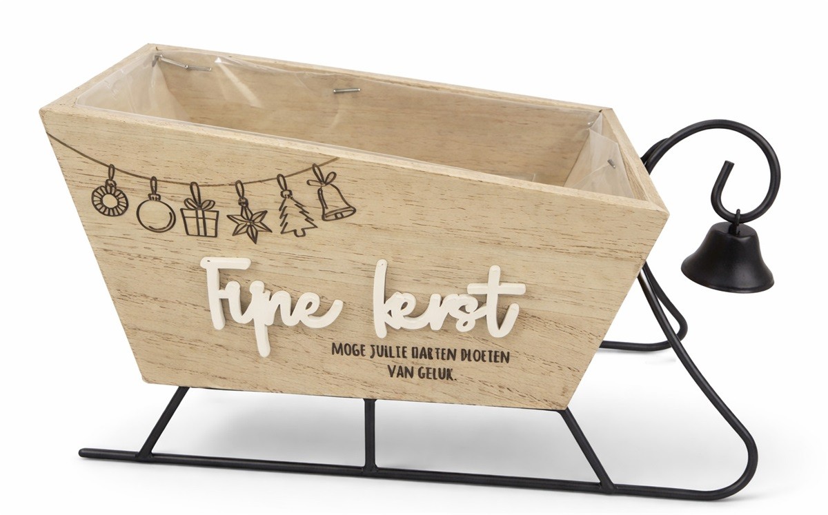Plantenpot slede "Fijne Kerst" – hout/metaal - Zwart/Naturel – 22,5 × 11 × 14 cm - Afbeelding 2
