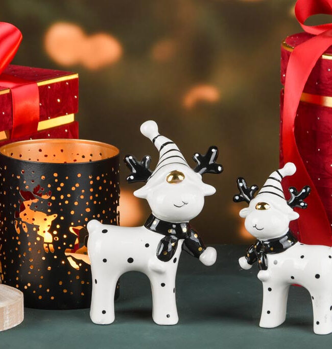 theelichthouder Hopping Deer - set van 2 - metaal - zwart/goud - 11 x 11 x 13 cm