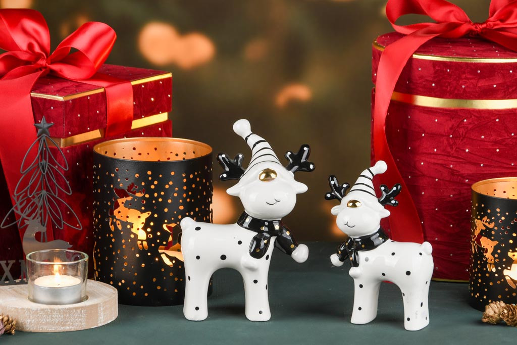 theelichthouder Hopping Deer - set van 2 - metaal - zwart/goud - 11 x 11 x 13 cm