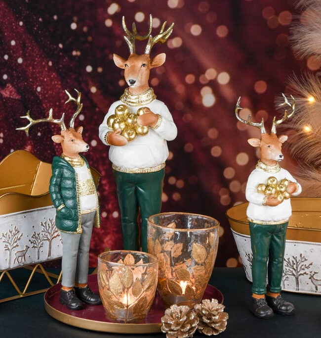Decoratief Hert in Kerstkledij - staand - kunsthars - groen/goud/wit - 10 x 7 x 31 cm - assortiment van 2/prijs per stuk