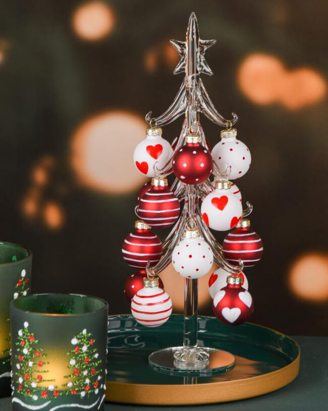Kerstboompje met Balletjes - glas - helder/rood/wit - 9 x 9 x 26 cm