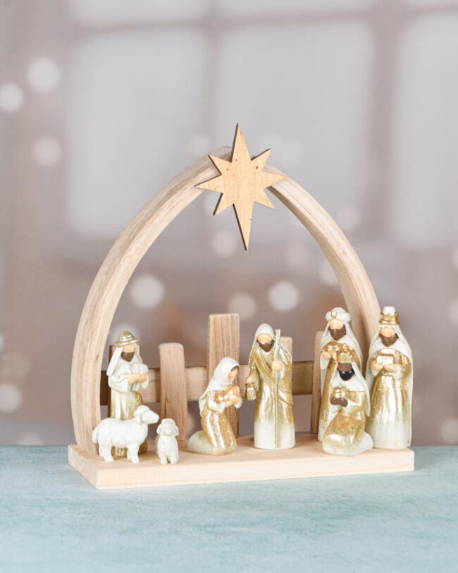 Kerststalfiguren - set van 11 - kunsthars - wit/goud - 5 x 11 cm