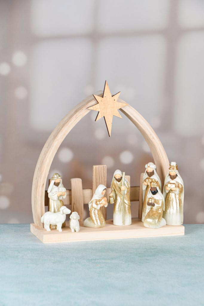 Kerststalfiguren - set van 11 - kunsthars - wit/goud - 5 x 11 cm