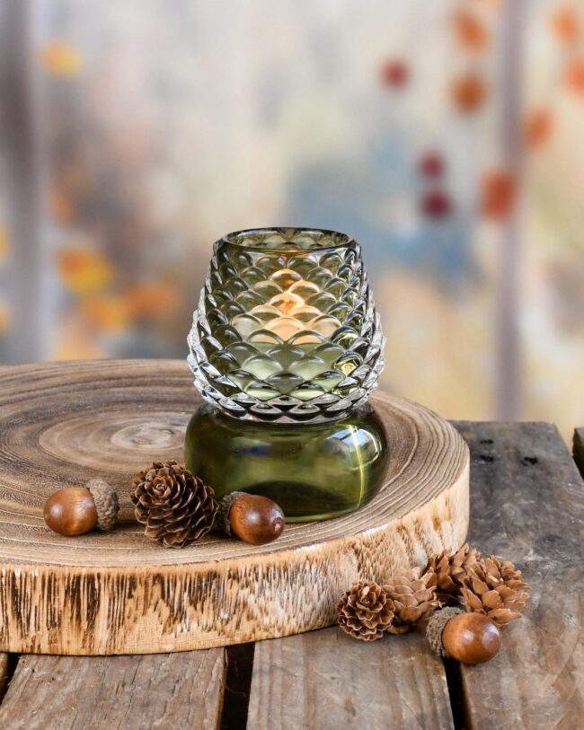 Theelichthouder Lampje - glas - groen - 8 x 8 x 10 cm
