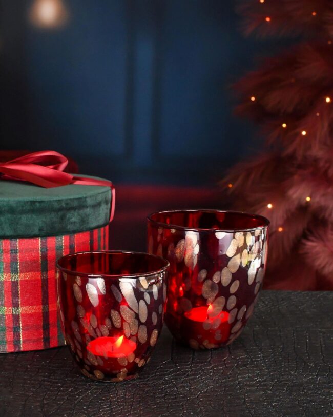 theelichthouder "Cherry Chique" - set van 2 - glas - rood - 10 x 10 x 10 cm