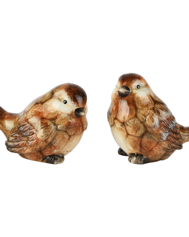 Vogeltje zittend Fred – keramiek – bruin -  11 × 7 × 8 cm - assortiment van 2/prijs per stuk