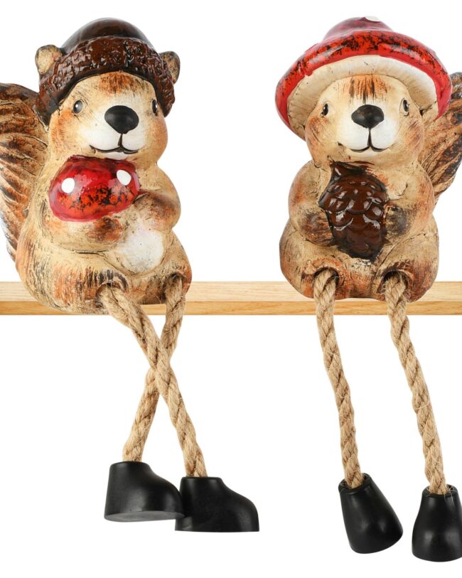 Herfst - Eekhoorn met hangbenen - keramiek -  bruin - 7 x 6 x 8 cm - assortiment van 2/prijs per stuk