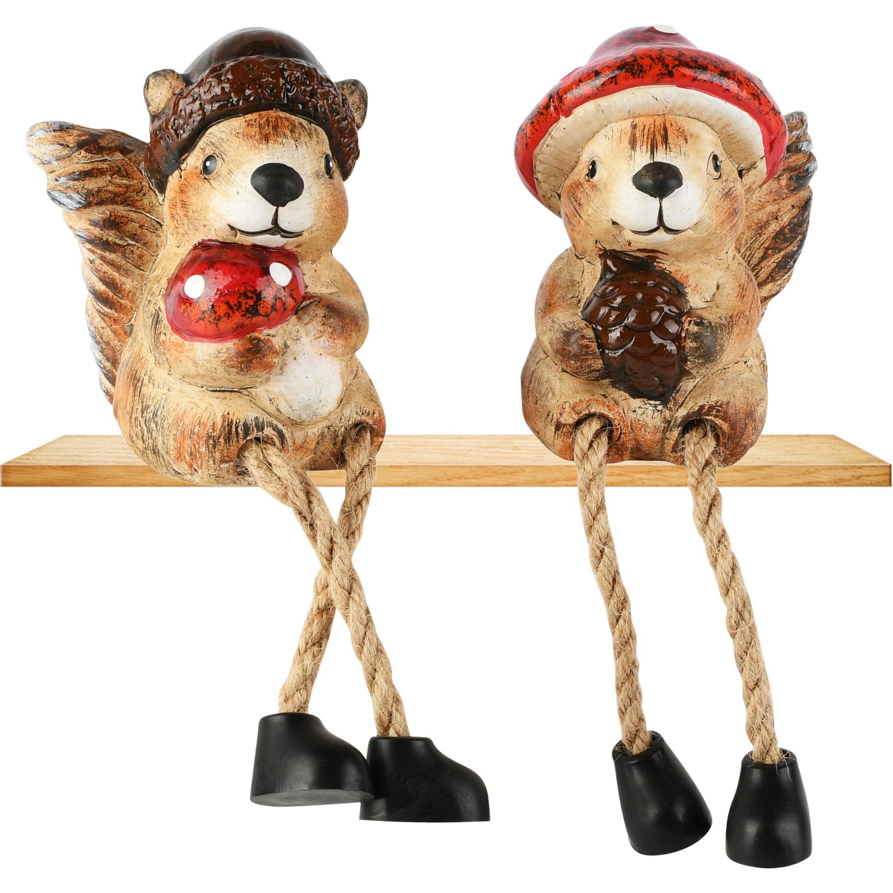 Herfst - Eekhoorn met hangbenen - keramiek - bruin - 7 x 6 x 8 cm - assortiment van 2/prijs per stuk