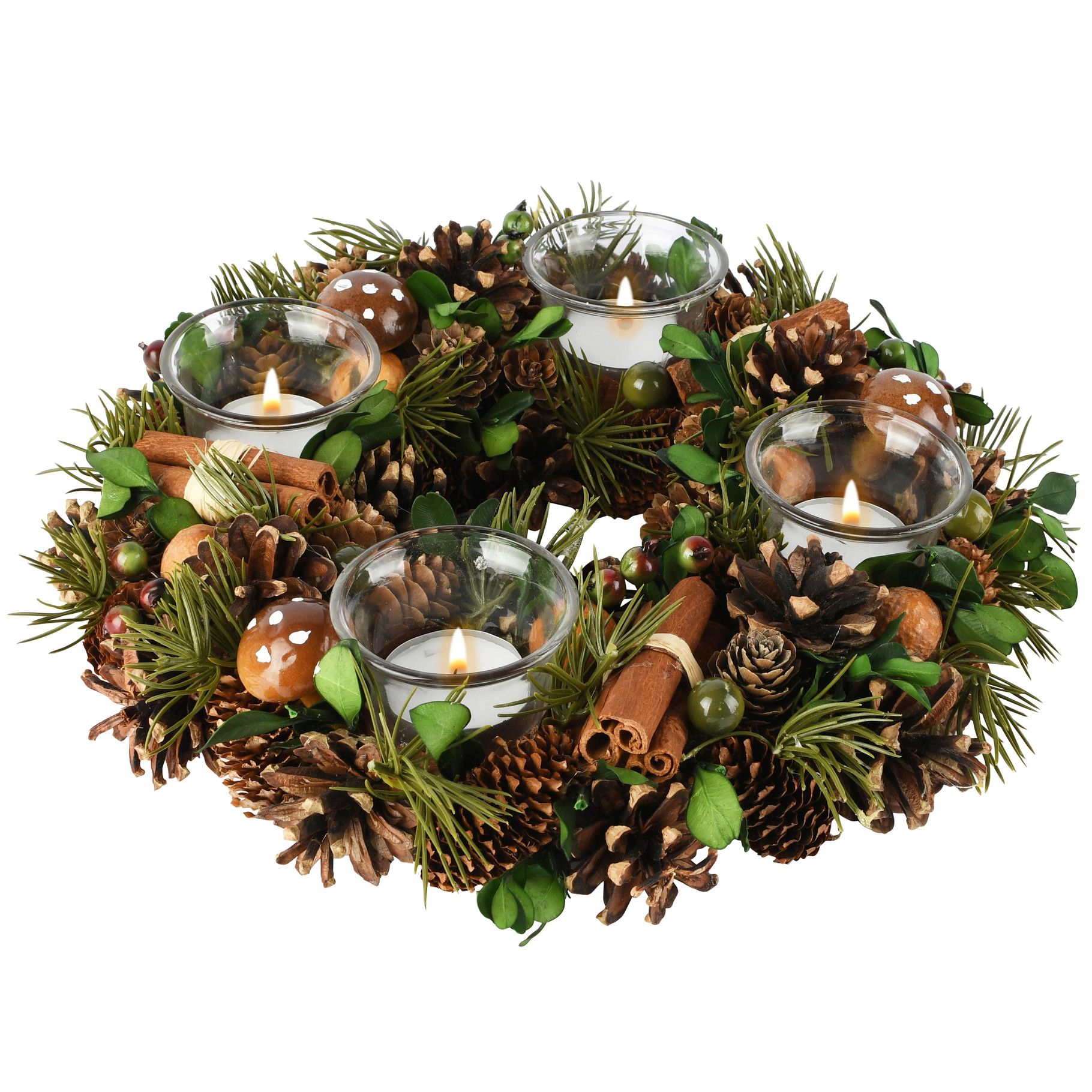 kunstkrans- Tafelstuk rond met dennenappels - groen/naturel - Γ 30 x 7cm