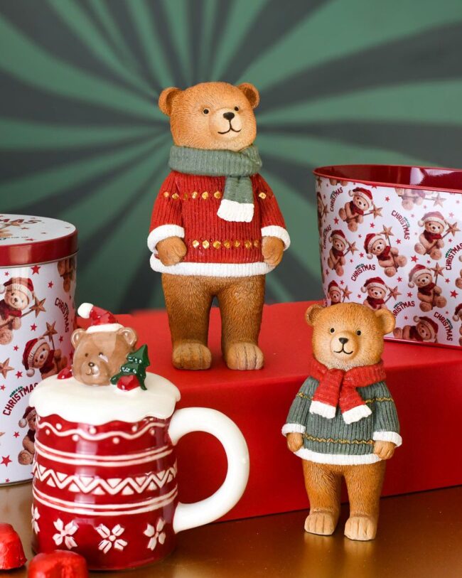 Bewaardozen ‘Feestende Teddybeer’ - Set van 2 - metaal - rood/wit - 18 x 18 x 18 cm