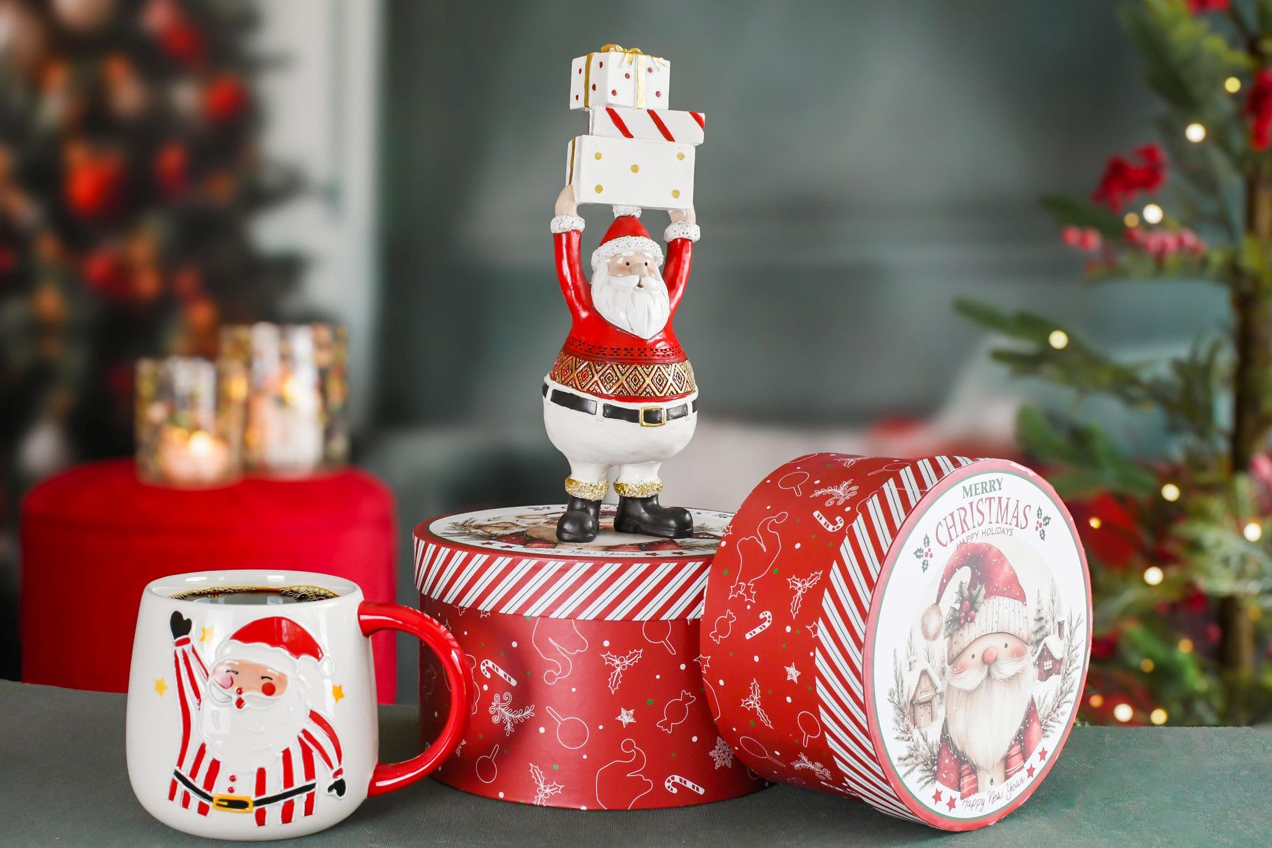 Kerstdoos rond - set van 3 - "santa on tour" - karton - rood - Ø 21 x 12 cm