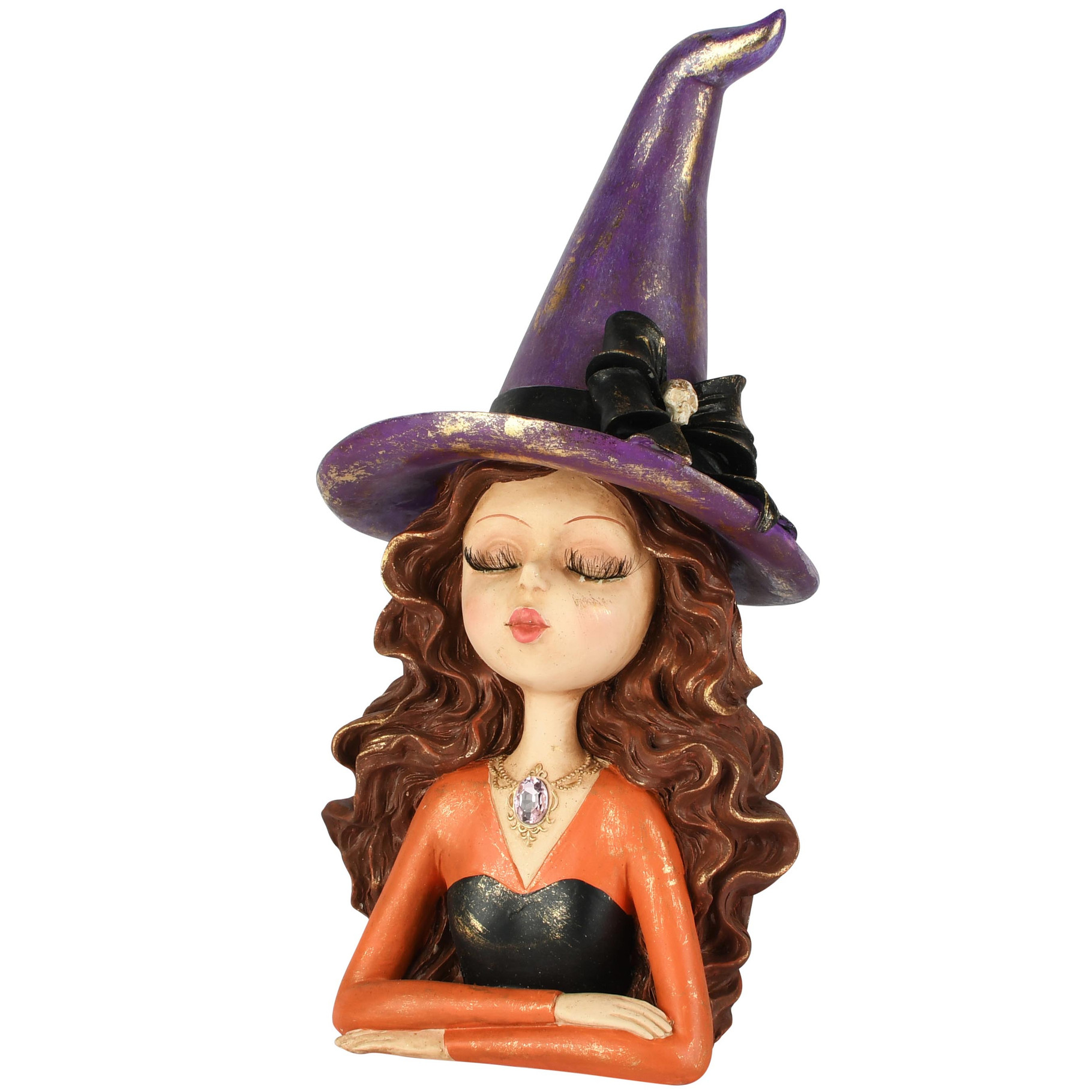 Halloween - buste Heks - kunsthars - paars/bruin/oranje - 16 x 14 x 31 cm - Afbeelding 2
