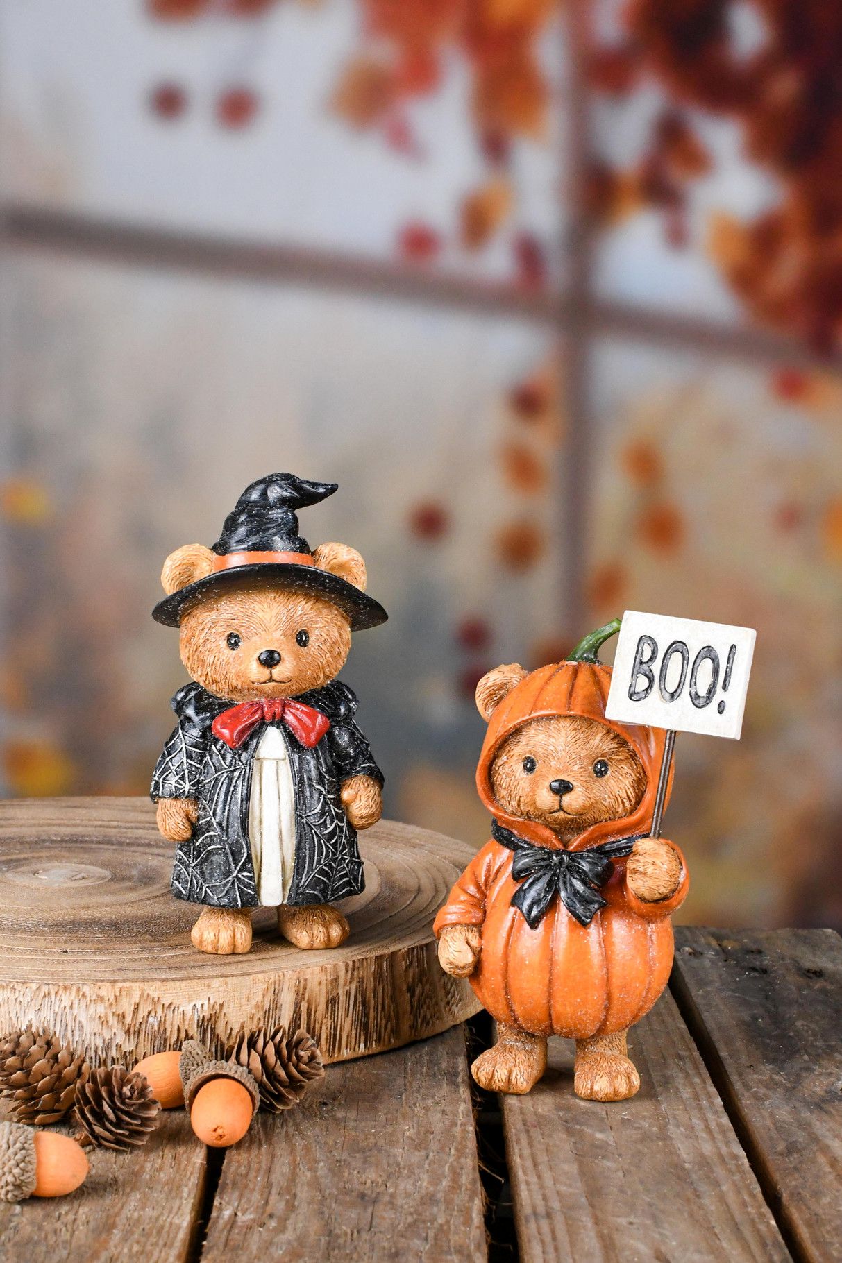 Halloween - pompoenbeertjes - kunsthars - zwart/oranje - 9 x 7 x 15 cm - assortiment van 2/prijs per stuk