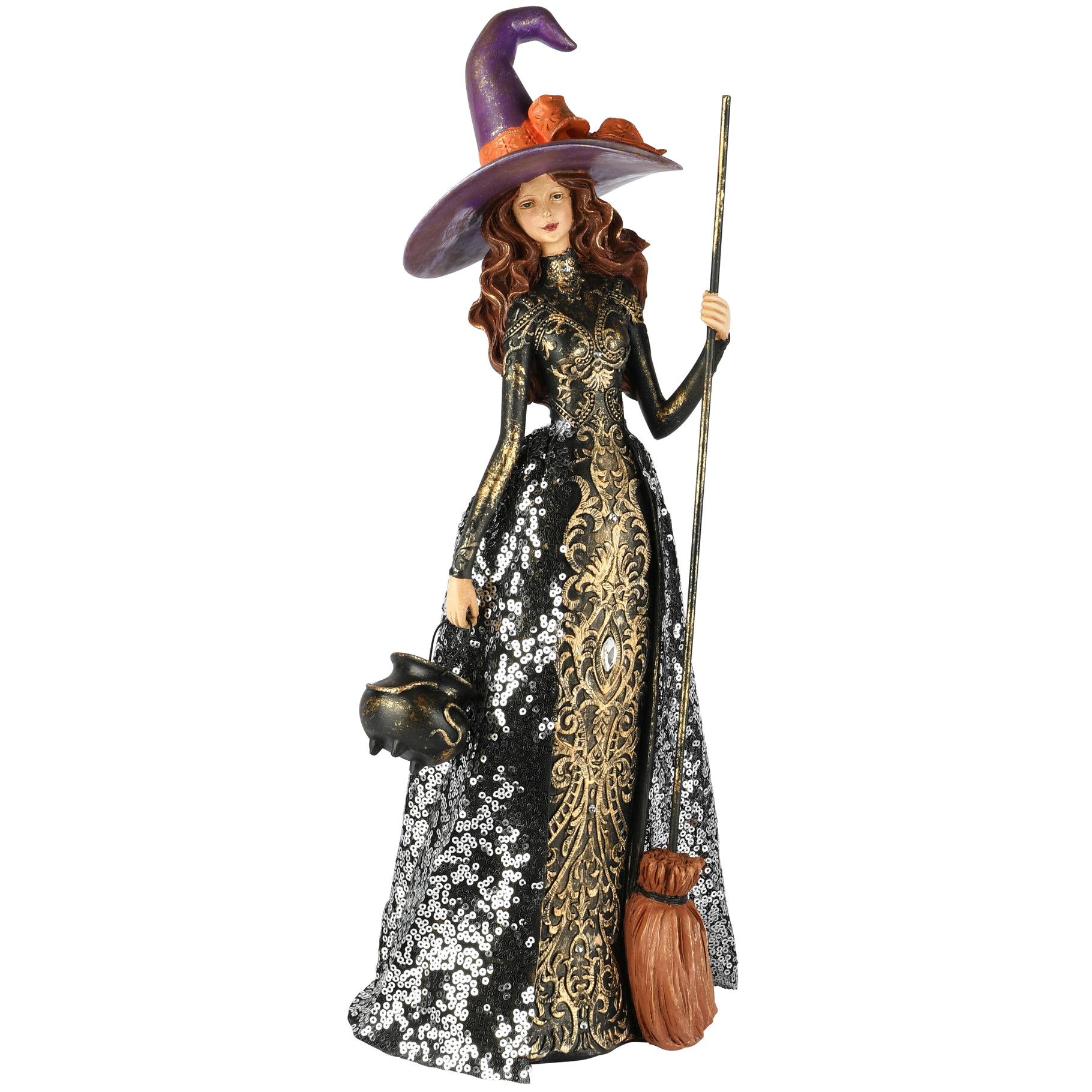 Halloween - heks met bezem en keteltje - kunsthars - zwart/goud - 16 x 15 x 46 cm - Afbeelding 2