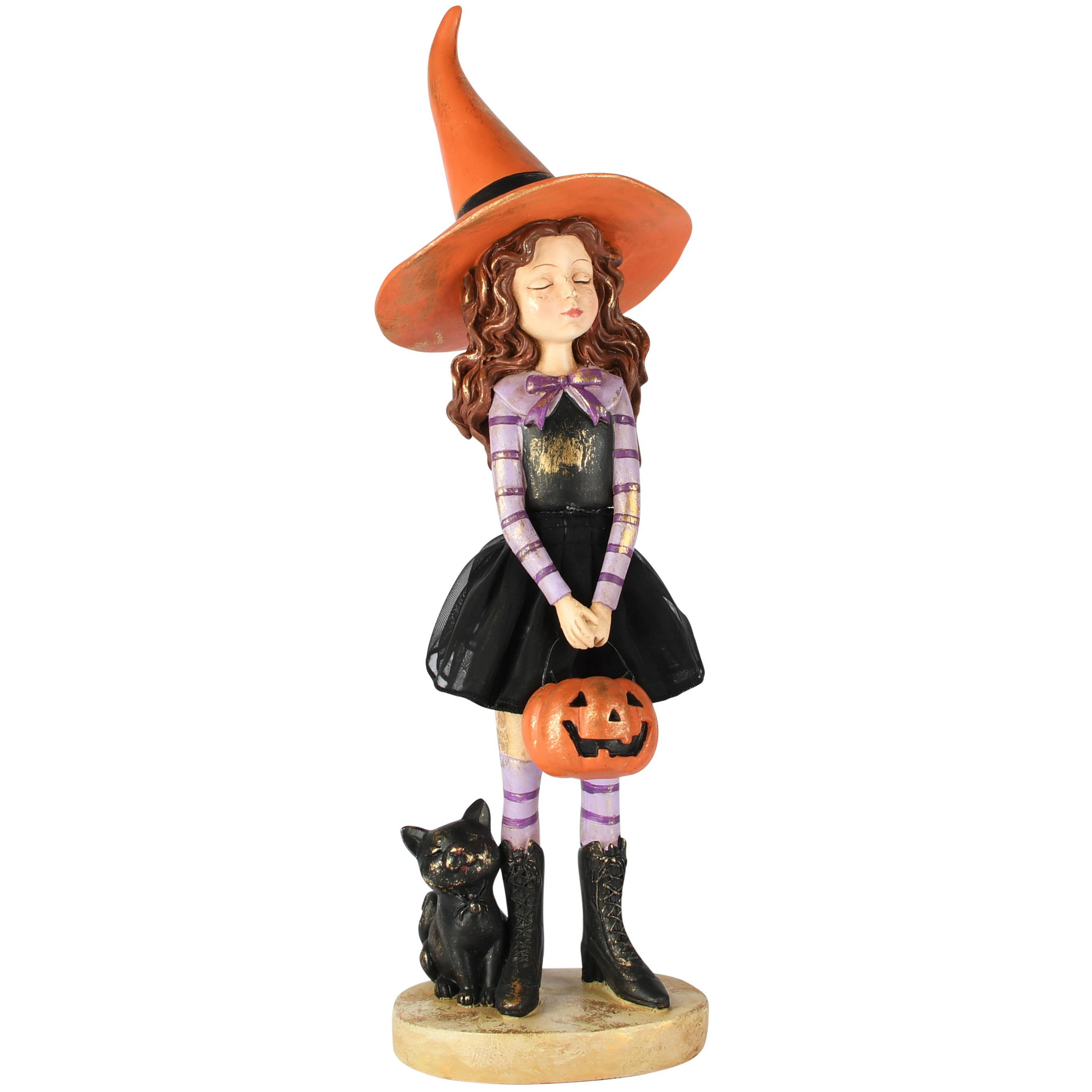 Halloween - heks met pompoen/kat - kunsthars - zwart/paars/oranje - 16 x 15 x 46 cm - Afbeelding 2