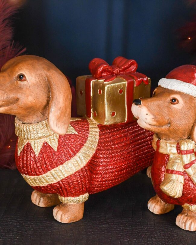 decoratief beeld - teckel met kerstmuts en sweater - kunsthars - goud/rood/bruin - 42 x 12 x 27 cm, geen verzending afhalen vanaf september