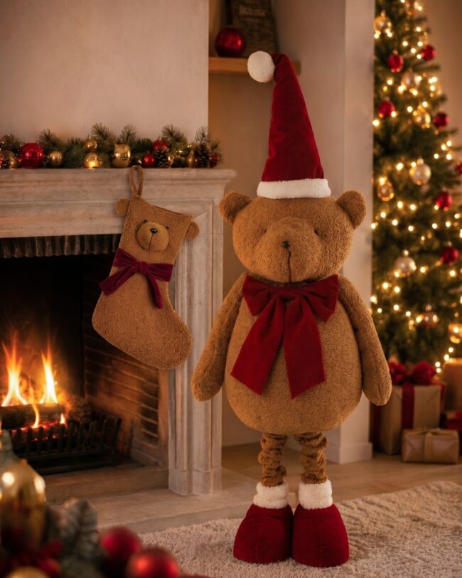 Kerstdecoratie - Kerstsok Teddybeer – Bruin – Synthetisch – h 41 cm